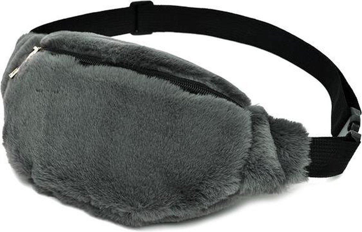 KIMU® Heuptasje Grijs Nepbont - Zachte Heuptas - Teddy Fanny Pack Crossbody Tas Y2K - Bont Knuffel Tasje Cute Vintage Nineties Antraciet Donkergrijs Festival