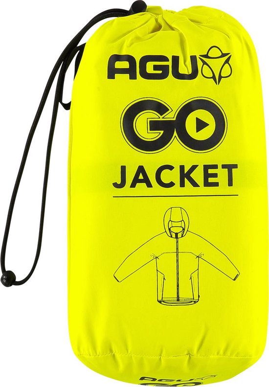 Opbergzak voor jas in felgeel met logo en tekst 'AGU GO JACKET'.