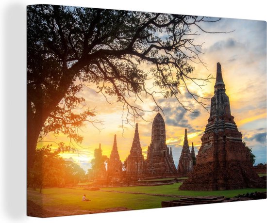 Le soleil brille à travers les temples en toile Ayutthaya 140x90 cm - Tirage photo sur toile (Décoration murale salon / chambre)