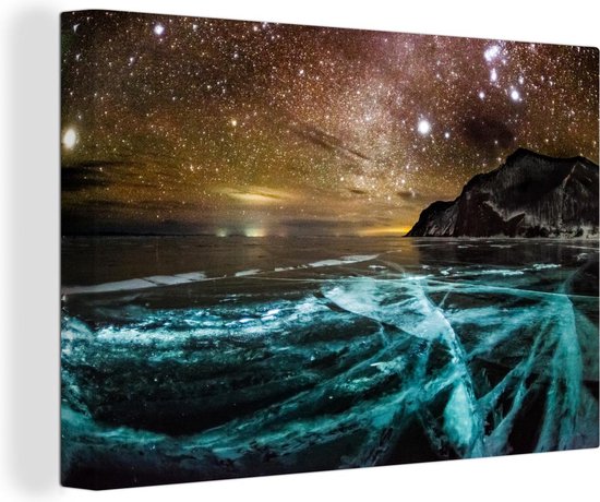 Glace bleue et un beau ciel étoilé sur le lac Baïkal en Russie Toile 180x120 cm - Tirage photo sur toile (Décoration murale salon / chambre) XXL / Grand format!