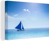 Canvas Schilderij Een blauwe zeilboot op het open water - 90x60 cm - Wanddecoratie