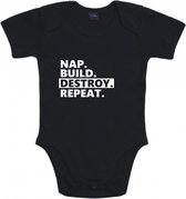 Rompertjes baby met tekst - Nap. Build. Destroy. Repeat - Romper zwart - Maat 62/68