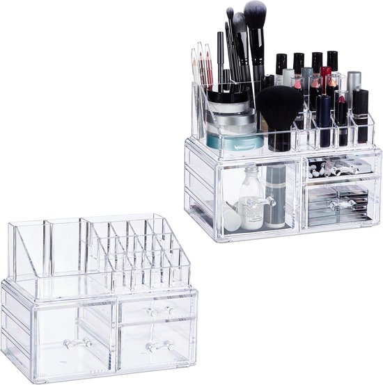 relaxdays Make-Up Organizer Make Up Organizer mit 2 Schubladen, Transparent