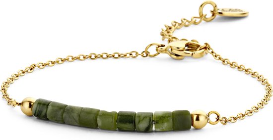 CO88 Collection Serenity 8CB 90381 Stalen Armband met Beads - Natuursteen 3,8 cm - Lengte 16,5 + 3 cm - Goudkleurig / Groen
