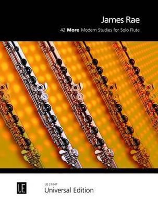 Deel vier van James Rae's 42 More Modern Studies for Solo Flute door Universal Edition met een oranje achtergrond.