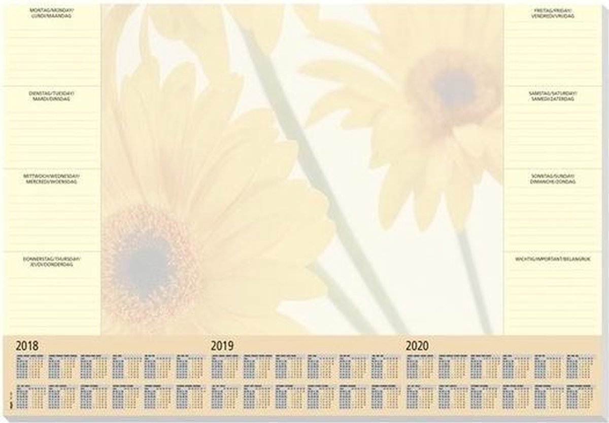 Bureau onderlegger/placemat van papier 59.5 x 41 cm - Kalender 2019/2020/2020 - 30 vellen - Bureau beschermer - zonnebloemen - Sigel