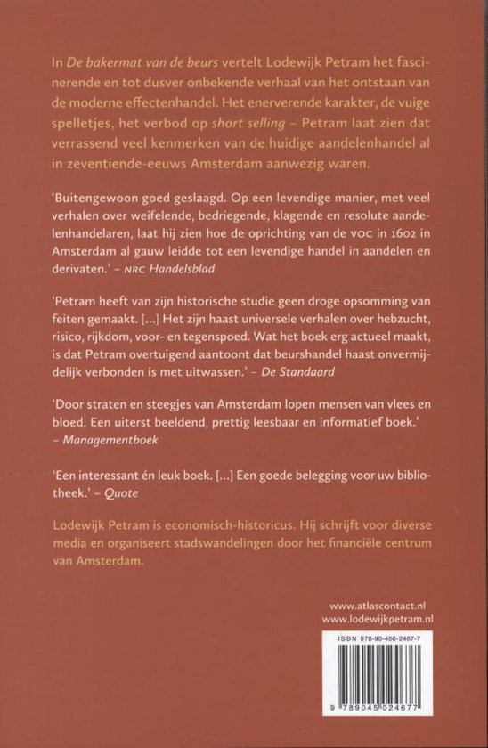 Achterkant van een boek met de titel "De bakermat van de beurs" door Lodewijk Petram. Bevat tekst en een streepjescode.