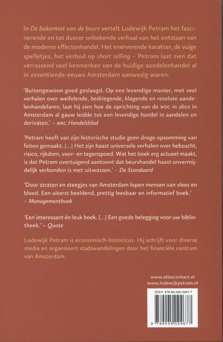 Achterkant van een boek met de titel "De bakermat van de beurs" door Lodewijk Petram. Bevat tekst en een streepjescode.