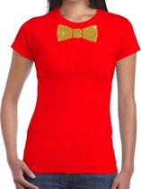 Rood fun t-shirt met vlinderdas in glitter goud dames XL