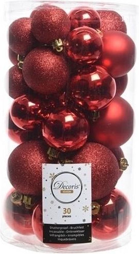 30x Rode kerstballen 4-5-6 cm glanzende/matte/glitter kunststof/plastic kerstversiering – Kerstbal