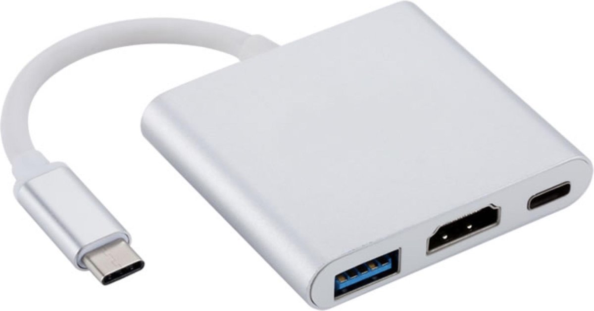 USB-C naar HDMI, USB en USB-C adapter - 20 cm - 1080p - Zilver