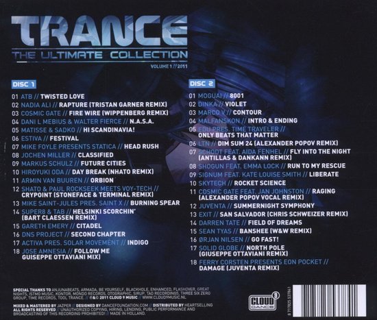 CD hoes voor Trance The Ultimate Collection Volume 1 // 2011 met tracklijsten voor disc 1 en disc 2.