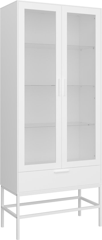 Overtreding Umeki Transparant Cris vitrinekast 2 glazen deuren en 1 lade, wit gelakt, wit metalen frame.  | bol.com