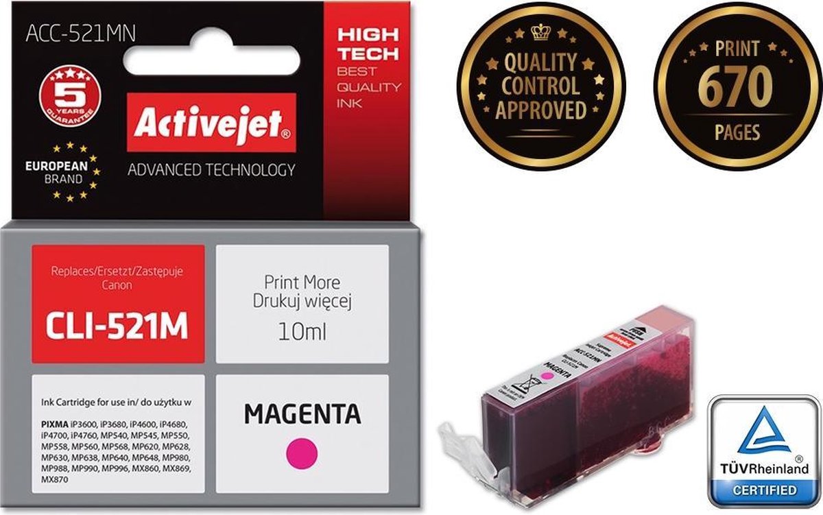 ActiveJet ACC-521MN-inkt voor Canon-printer; Canon CLI-521M vervanging; Opperste; 10 ml; magenta.