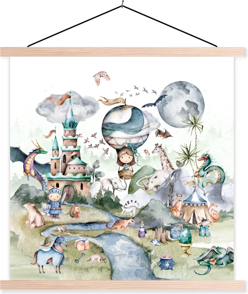 Schoolplaat kinderen - Schoolplaat safari - Kinderen - Luchtballon - Draak - Jongens - Kasteel - Waterverf - Muurdecoratie - Kinderkamer decoratie - 40x40 cm