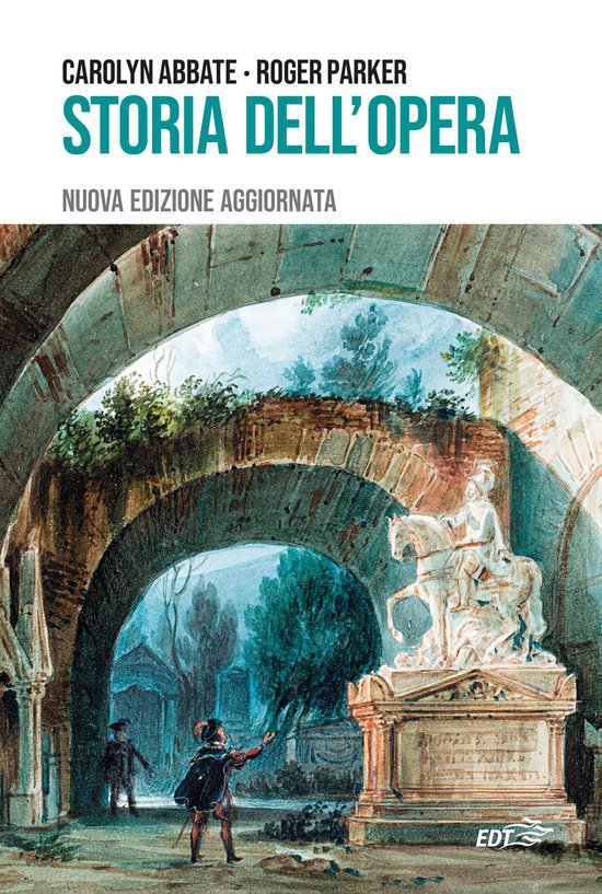 Boek met de titel "Storia dell'Opera". Een schilderij toont een ruiterstandbeeld onder een boog, met figuren op de voorgrond.