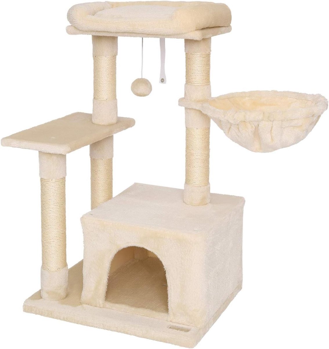 Krabpaal hoogte 85 cm pluche bal ligkom sisal gezellige ligplek hol wandbevestiging – geschikt voor kleine grote katten beige