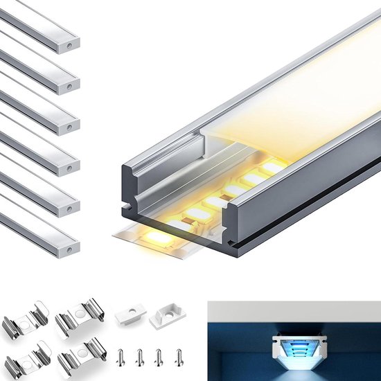 Angdarun Led-profiel, 6 x 1 m, aluminium, U-vormig ledprofiel voor ledkanalen of rails, perfect voor lichtstrips tot 16 mm, ideaal voor stijlvolle montage aan het plafond of in vitrinekasten