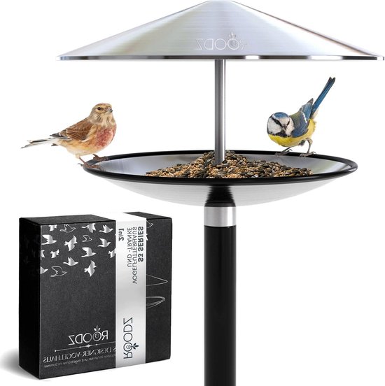 GOLTMANN® Ædel Vogelhuis met standaard, weerbestendig, vogelvoederhuis met standaard van roestvrij staal, staand, luxe voederhuis voor vogels, perfect als tuindecoratie of balkondecoratie (zwart