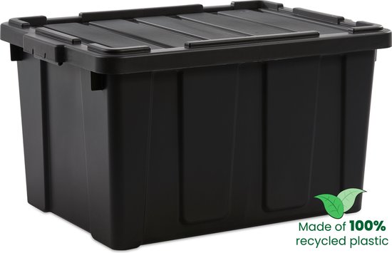 Zwarte opbergbox met deksel, gemaakt van 100% gerecycled plastic.
