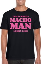 Bellatio Decorations Foute party t-shirt voor heren - macho man - zwart - glitter roze - themafeest S