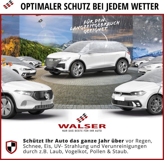 Een witte Audi Q4 e-tron onder een doorzichtige Walser autohoes, omringd door andere auto's, in een collage van seizoenen: herfst, zomer, storm en winter.