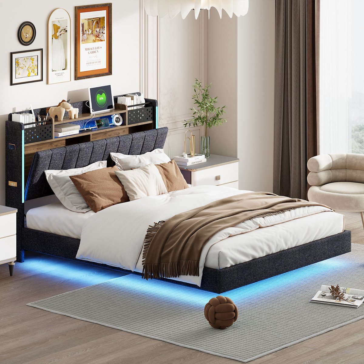 Merax 140x200 cm Gestoffeerd Bed met Opbergruimte in Hoofdbord – Grijs Linnen – Tweepersoonsbed met LED Verlichting en USB Aansluiting – Zwevend Design