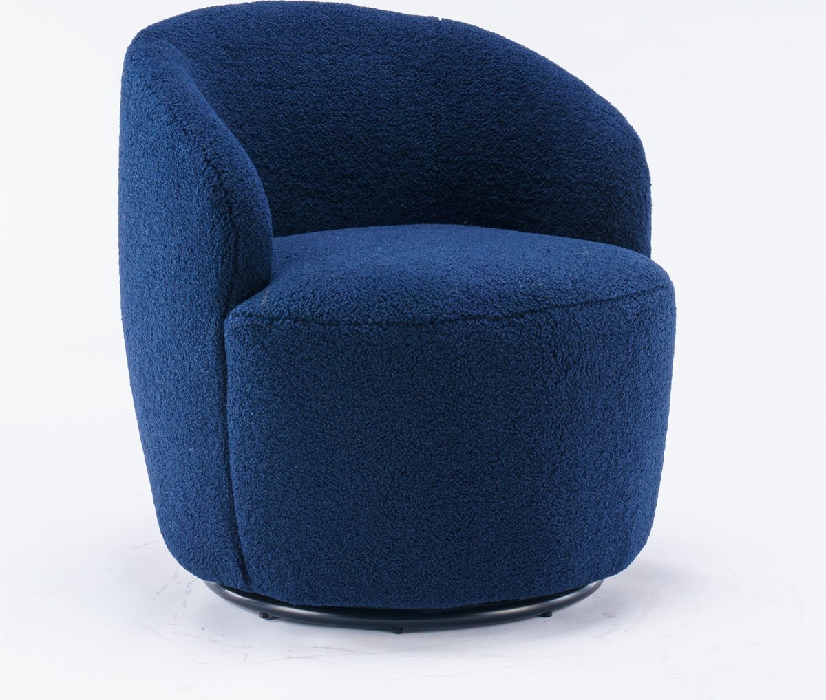 Merax Teddy Stof Draai Accentstoel – Blauwe Barrel Stoel met Zwart Gepoedercoat Metalen Ring