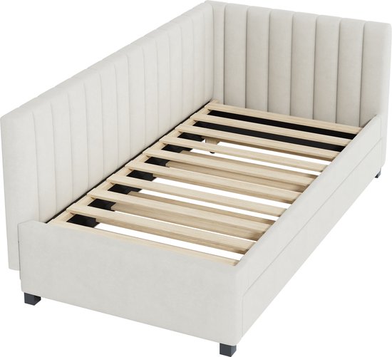 HYUB Dagbed, eenpersoonsbed, 90 x 200 cm met opbergruimte, slaapbank met 2 laden en lattenbodem, functioneel bed, opbergbed met rugleuning, voor woonkamer, slaapkamer, zonder matras, beige HYUB Dagbed, eenpersoonsbed, 90 x 200 cm met opbergruimte, slaapbank met 2 laden en lattenbodem, functioneel bed, opbergbed met rugleuning, voor woonkamer, slaapkamer, zonder matras, beige