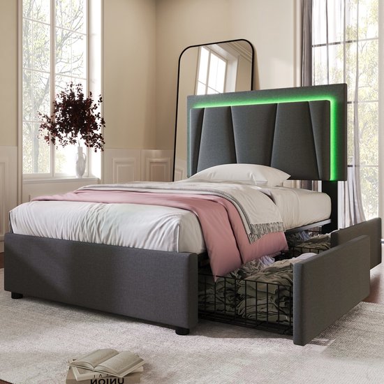 MQGPM Gestoffeerd bed met opbergruimte, 90 x 200 cm, bed voor tieners met bedframe en lattenbodem, bed met twee laden en hoofdeinde, eenpersoonsbed voor volwassenen en jongeren, zonder matras, grijs