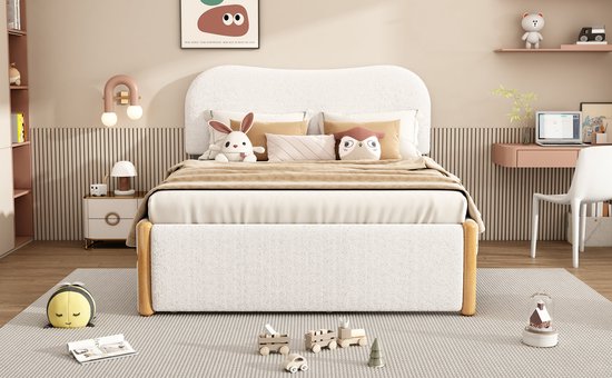 Lit rembourré Merax 140x200 cm avec lit à roulettes extractible - Design minimaliste - Wit - MDF et Tissus doux - Sommier à lattes inclus