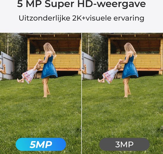 Twee beelden van een vrouw die een kind optilt in een tuin. Rechts 5MP Super HD, links 3MP.