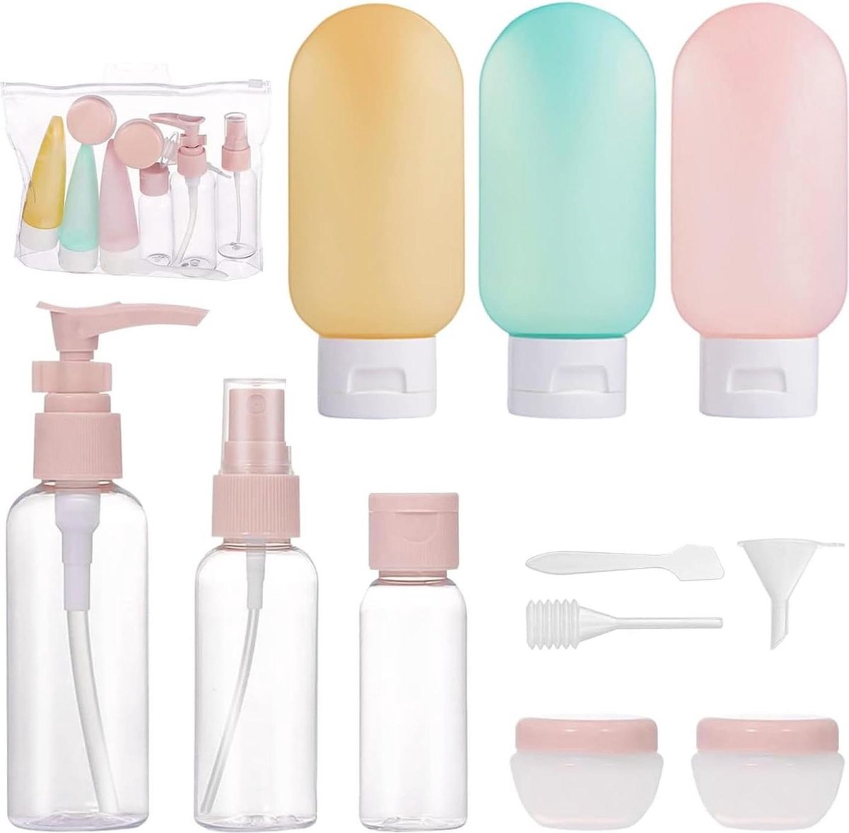 Reisflessen voor het vullen Draagbare 11-delige reisset met spuitflessen pompflessen & crèmepotjes Vloeibare cosmetische containers reisflesjes 100ml