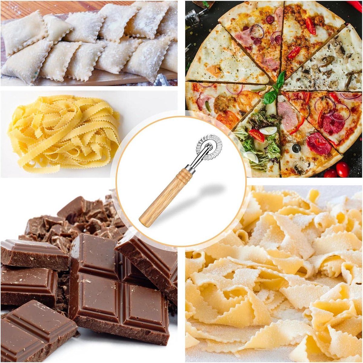 Deegsnijder, roller, deegsnijder, golvend, deegrandwiel, gekarteld deeg, enkel lemmet, ravioli, krimper wiel, pastasnijder, wiel met houten handvat, geschikt voor huishouden, keuken Deegsnijder, roller, deegsnijder, golvend, deegrandwiel, gekarteld deeg, enkel lemmet, ravioli, krimper wiel, pastasnijder, wiel met houten handvat, geschikt voor huishouden, keuken