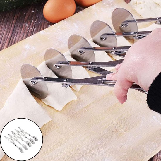 LATRAT Deegsnijder, deegsnijder, taartverdeler, roestvrij staal, instelbaar met 5 wielen, pizza-snijder, gebak, baksnijder voor het bakken van keuken, zilver, zilver, zonder handvat