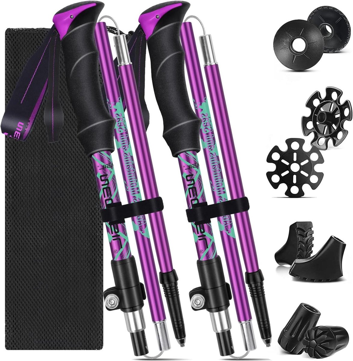 Wandelstok Nordic Walking stokken - telescopische aluminium trekkingstokken voor dames - opvouwbaar 105-130 cm - met 4 paar rubberen buffers - trekking en wandelen