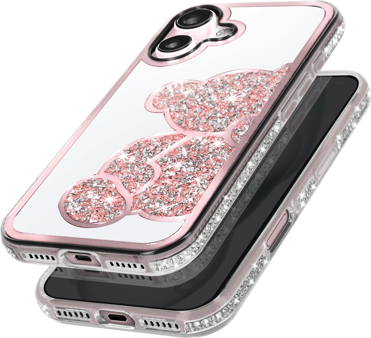 Avizar Glitter Case Geschikt voor Apple iPhone 16 Motief Ourson met Strass, Roze