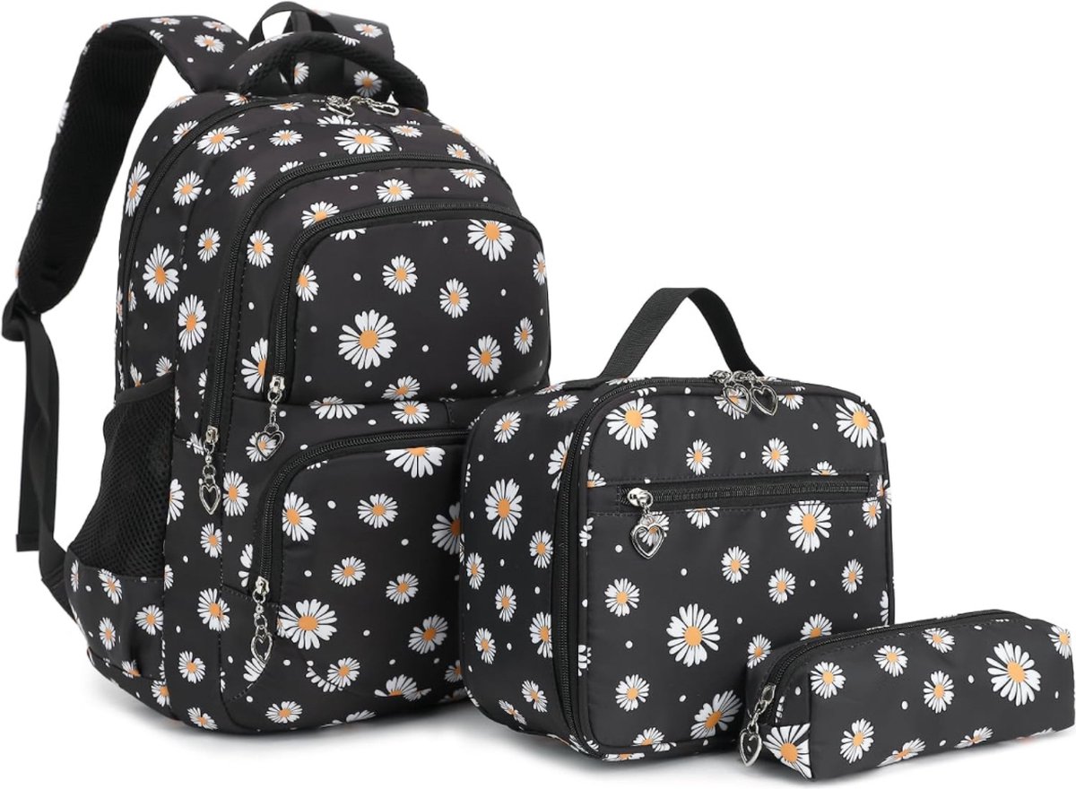 Ultiluxe® Rugzak met madeliefjesprint - Zwart/wit - Rugtas, lunchtas en etui - Schoolrugzak voor kinderen - Madeliefjes schoolrugtas - 15.6 inch laptoptas - 30 x 17 x 44 cm - Meiden school tassen set - 22 L - Schooltas voor meisjes