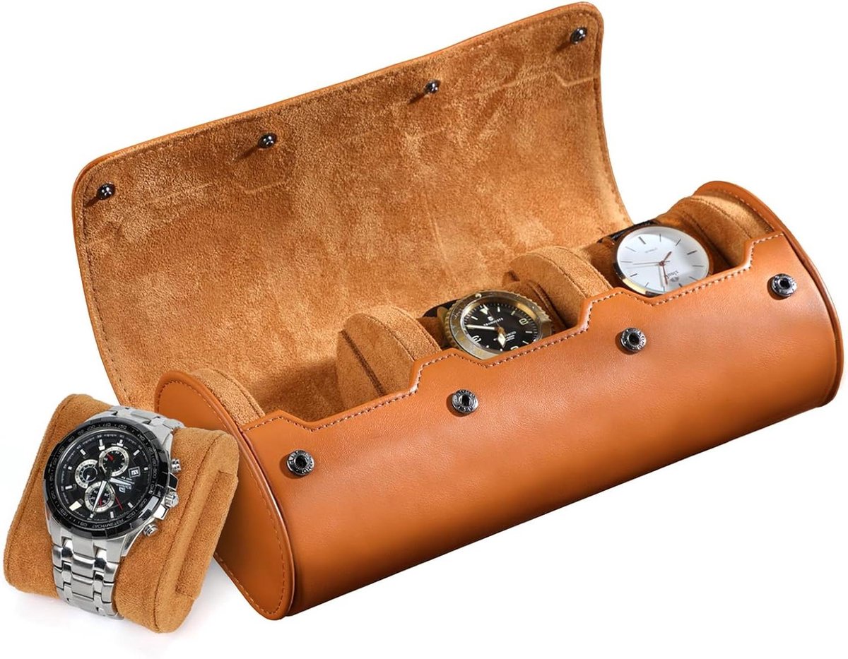 Horloge-roller voor 3 horloges - bruin echt leer - reisetui voor kleine horloges