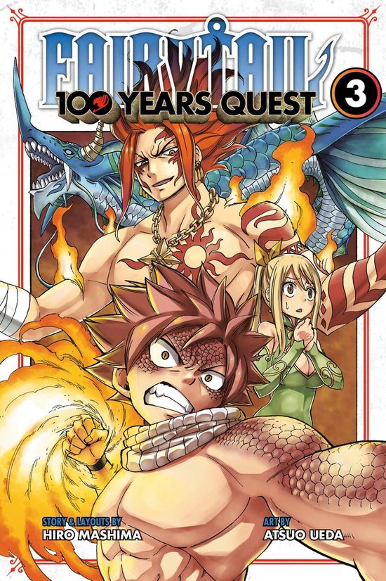 Fairy Tail: 100 Years Quest 3 cover met Natsu, Lucy, Dragon, en andere karakters in actie.