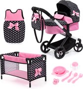 Bol.com XEO poppenwagenset verstelbare duwstang om te bouwen tot jogger tas bed poppenaccessoires in zwart/wit/roze aanbieding