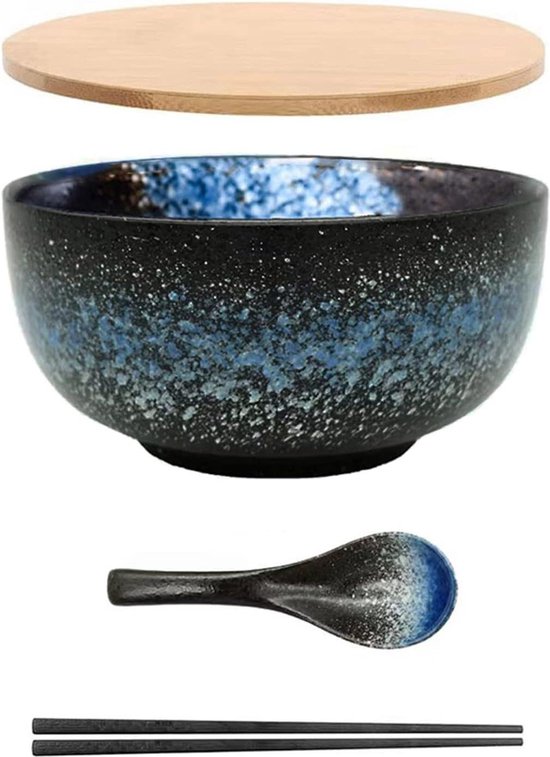 Foto: Ramen bowl japanse keramische ramen kom met deksel en lepel salade noodle soepkom voor ontbijtgranen dessert rijst magnetron oven vaatwasser grote blauwe ijset