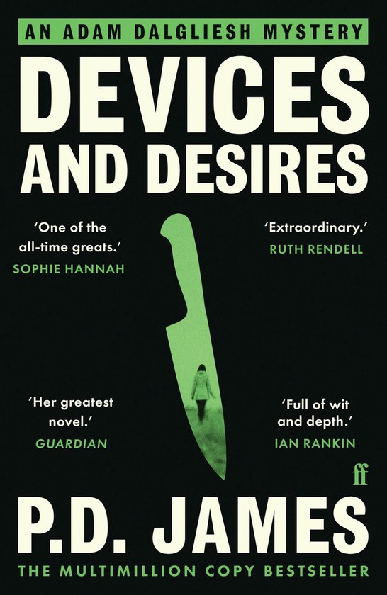Boekomslag van Devices and Desires door P.D. James, met een groen mes-silhouet met daarin een wandelaar.