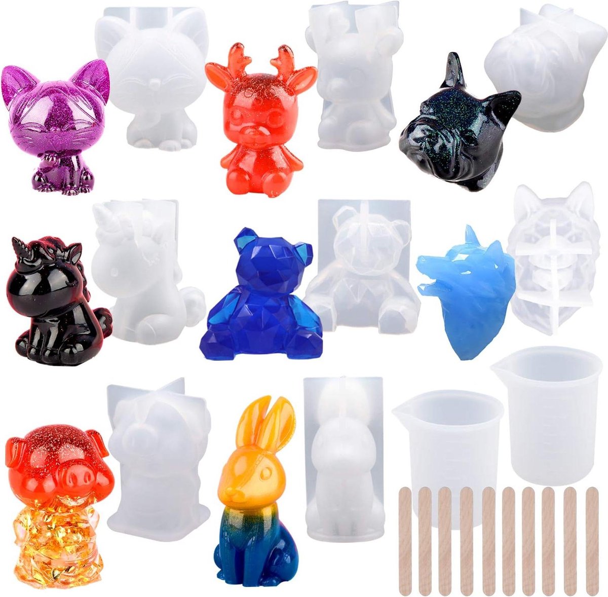 20 stuks 3D Dierlijke Hars Mallen Gereedschap Set Grote Heldere Eenhoorn Epoxy Siliconen Mallen Inclusief 8 Hars Gietmallen 2 Maatbeker 10 Houten Sticks voor Hars Craft DIY epoxy starterspakket