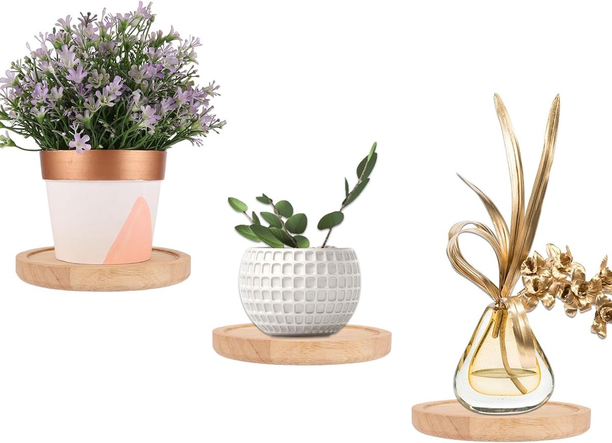 Houten wandplanken, 3 stuks, rond, zwevend wandrek, kleine wandplank, moderne decoratie, opslag voor foto's, planten, kaars, woonkamer, keuken, kantoor (diameter 15 cm