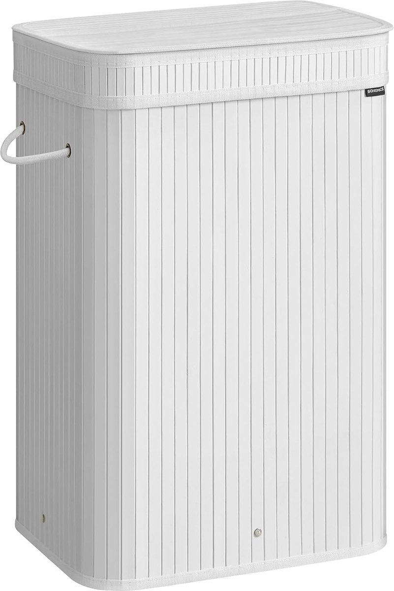 SONGMICS Wasmand met deksel, wasmand van bamboe, afneembare en machinewasbare waszak met handgrepen, 72 liter, voor wasruimte, slaapkamer, woonkamer, wolkwit