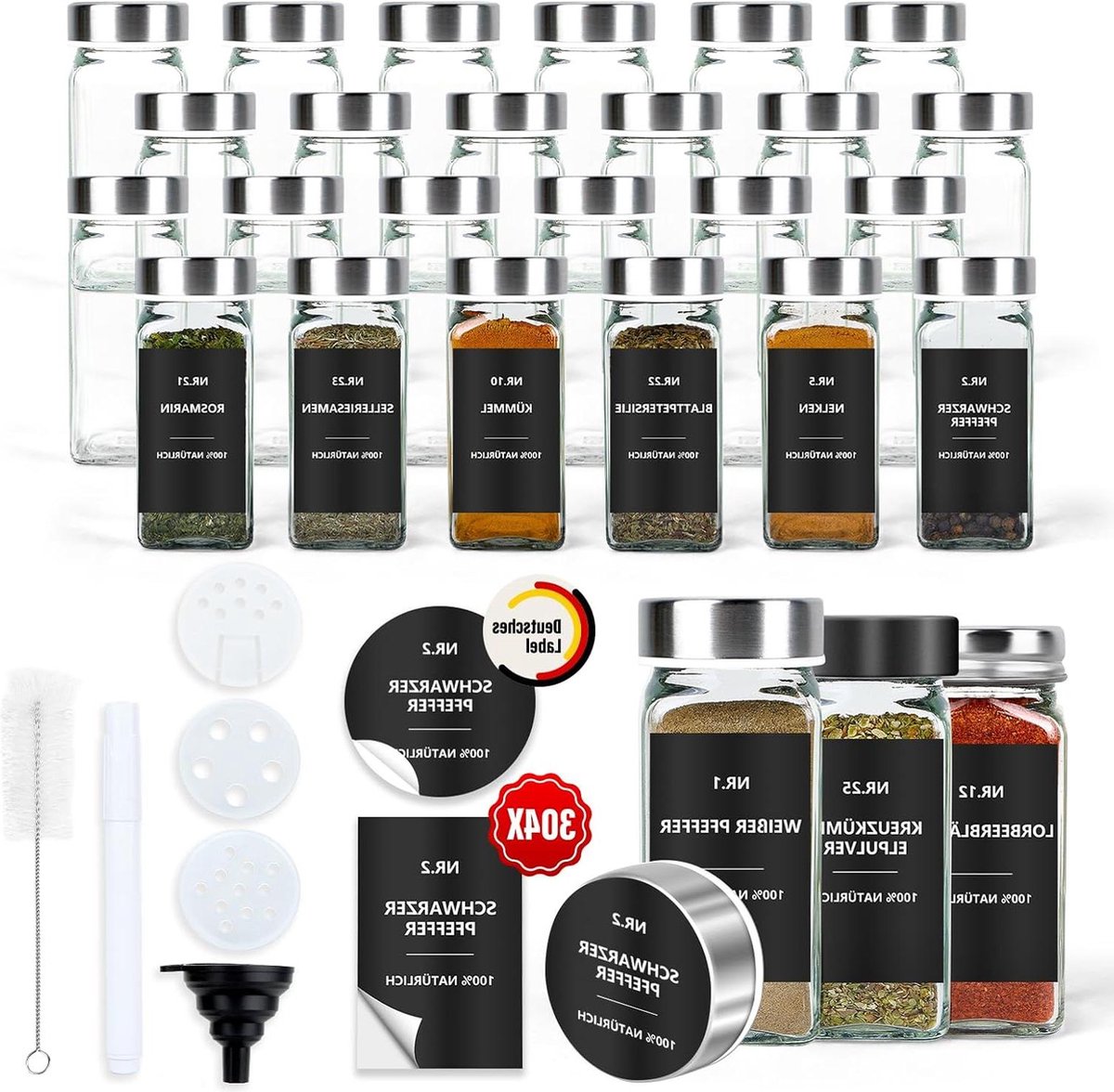 Vierkante kruidenpotjes set van 24 glazen kruidenpotjes 120 ml met etiketten en strooiinzetstuk waterdicht voor keukenlade kruidenopslag kruidenpotjes vierkant