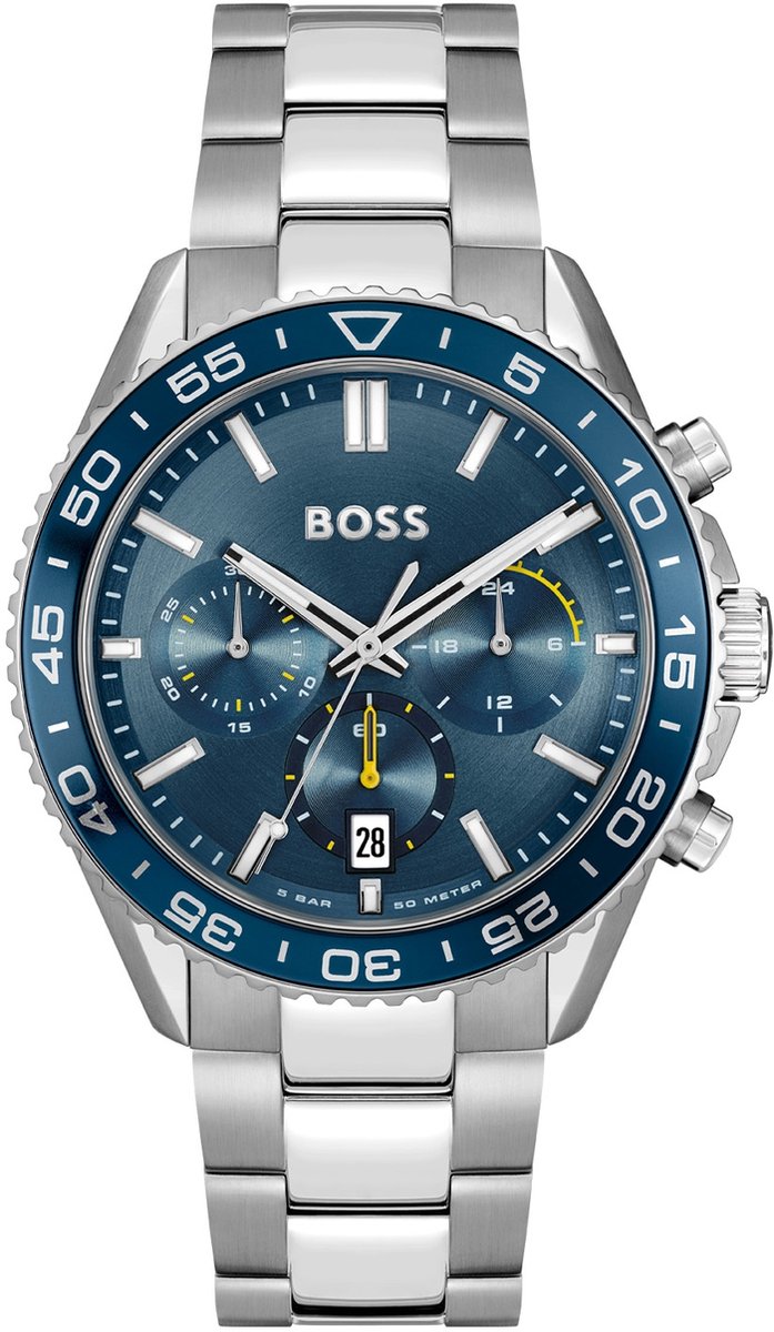 BOSS HB1514143 RUNNER Heren Horloge - Chronograaf - Mineraalglas - Staal - Zilverkleurig - 43 mm breed - Quartz - Vouw-Vlindersluiting - 5 ATM (douchen)