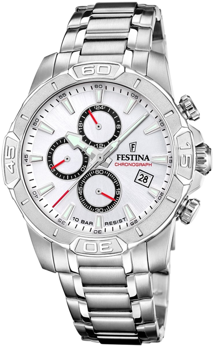 Festina F20704-1 Heren Horloge - Chronograaf - Mineraalglas - Roestvrijstaal-Leer - Zilverkleurig - Quartz - Gesp - 10 ATM (zwemmen)