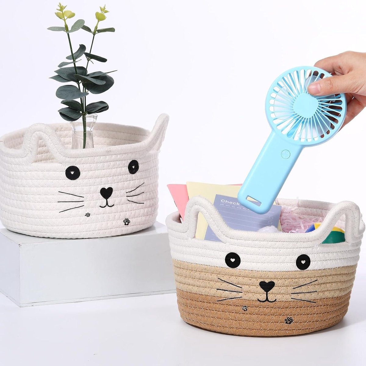PWGHWG Mand opslag, kleine gevlochten opbergmand, wasmand, rond, katoenen mand voor het organiseren van kleding, badkamer, speelgoed, 24 x 18 cm (roze